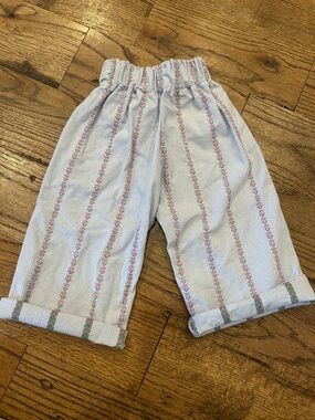 Girls Blue Gingham wide leg Pants with Pink Floral Trim 3t handmade